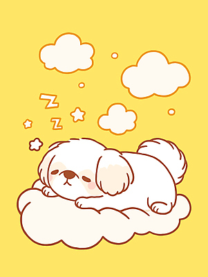 별 반려견 엎드리기 일러스트 휴식 사람없음 노란색 평화 귀여움 꿈 흰색 잠 강아지 시츄 개캐릭터 구름모양 국내일러스트 AI파일 자연요소 모양 컬러 동물캐릭터 컨셉 모션 반려동물 개 파일형식 벡터 구름_자연