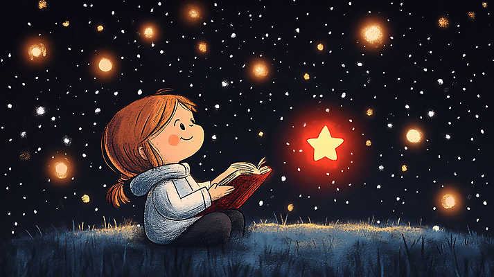 JPG 응시 여자 어린이 일러스트 밤하늘 한명 미소 들기 앉기 소녀 잔디 책 반짝임 독서 주황색 어둠 꿈 신비 순수 별빛 환상 소녀한명만 국내일러스트 AI일러스트 AI콘텐츠 식물 1 시선 별 컬러 컨셉 모션 하늘 표정 사람 빛 야간 여자한명만 소녀만 파일형식