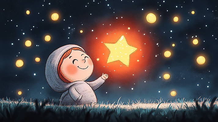 JPG 구름 남자 어린이 일러스트 밤하늘 한명 미소 소년 반짝임 주황색 어둠 신비 순수 후드티 별빛 환상 소년한명만 국내일러스트 AI일러스트 AI콘텐츠 자연요소 1 별 컬러 컨셉 티셔츠 모션 하늘 표정 사람 빛 야간 남자한명만 소년만 파일형식