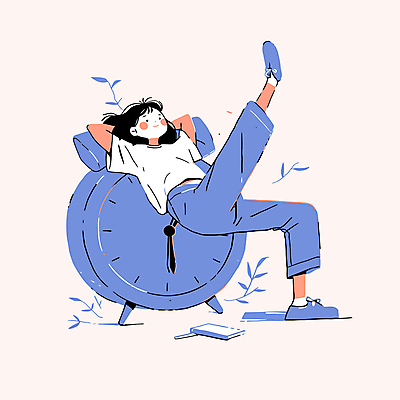 여자 여유 시계 잎 일러스트 휴식 나뭇잎 한명 성인 책 파란색 기댐 자명종 알람 편안함 팔베개 다리들기 성인여자한명만 국내일러스트 AI파일 식물 1 감정 컬러 컨셉 모션 사람 감각 여자한명만 성인여자만 파일형식 벡터