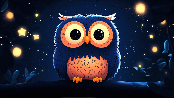 JPG 별 동물캐릭터 일러스트 자연 밤하늘 나뭇잎 풍경 사람없음 어둠 고요 달 나뭇가지 야간 올빼미 국내일러스트 일러캐릭터 AI일러스트 AI콘텐츠 자연요소 나무 동물 캐릭터 잎 조류 하늘 생태계 파일형식