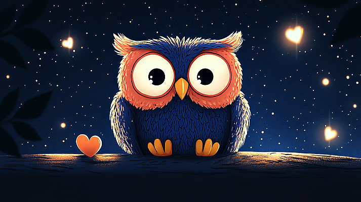 JPG 별 동물캐릭터 일러스트 자연 밤하늘 풍경 사람없음 어둠 고요 나뭇가지 하트 야간 올빼미 국내일러스트 일러캐릭터 AI일러스트 AI콘텐츠 자연요소 모양 나무 동물 캐릭터 조류 하늘 생태계 파일형식