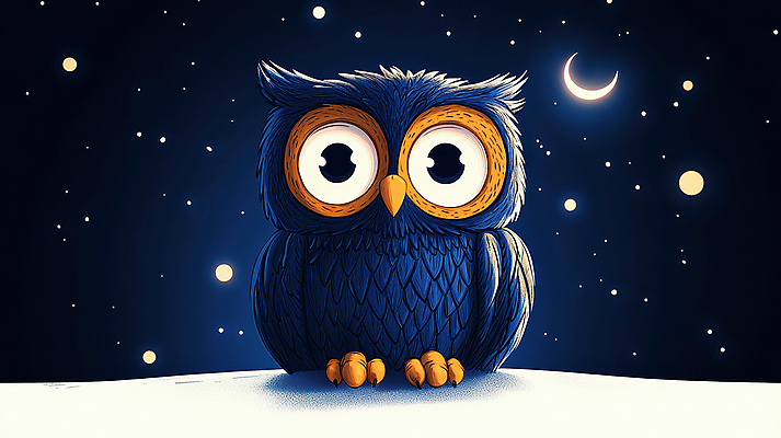 JPG 별 동물캐릭터 일러스트 자연 밤하늘 풍경 사람없음 어둠 고요 야간 초승달 올빼미 국내일러스트 일러캐릭터 AI일러스트 AI콘텐츠 자연요소 동물 캐릭터 조류 하늘 달 생태계 파일형식