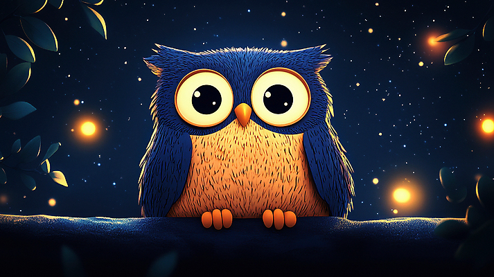 JPG 별 동물캐릭터 일러스트 자연 밤하늘 나뭇잎 풍경 사람없음 어둠 고요 나뭇가지 야간 올빼미 국내일러스트 일러캐릭터 AI일러스트 AI콘텐츠 자연요소 나무 동물 캐릭터 잎 조류 하늘 생태계 파일형식