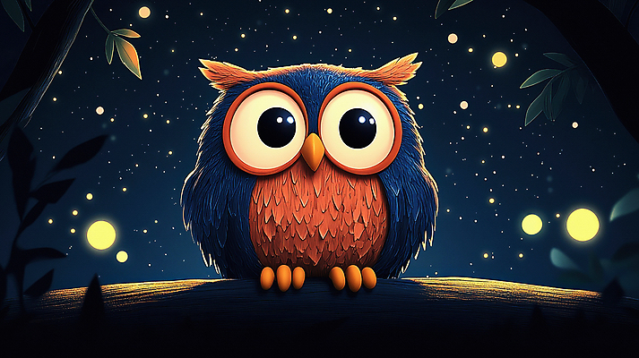 JPG 별 동물캐릭터 일러스트 자연 밤하늘 나뭇잎 풍경 사람없음 어둠 고요 나뭇가지 야간 올빼미 국내일러스트 일러캐릭터 AI일러스트 AI콘텐츠 자연요소 나무 동물 캐릭터 잎 조류 하늘 생태계 파일형식