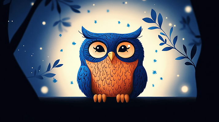 JPG 별 동물캐릭터 일러스트 자연 밤하늘 나뭇잎 풍경 사람없음 고요 나뭇가지 야간 올빼미 국내일러스트 일러캐릭터 AI일러스트 AI콘텐츠 자연요소 나무 동물 캐릭터 잎 조류 하늘 생태계 파일형식