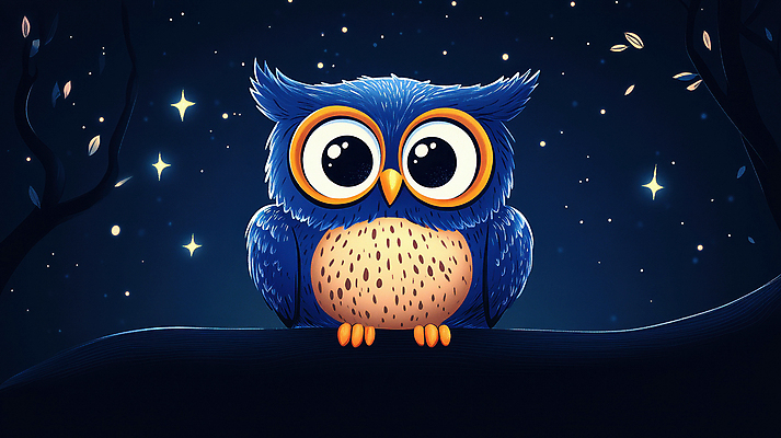 JPG 별 동물캐릭터 일러스트 자연 밤하늘 풍경 사람없음 고요 야간 올빼미 국내일러스트 일러캐릭터 AI일러스트 AI콘텐츠 자연요소 동물 캐릭터 조류 하늘 생태계 파일형식
