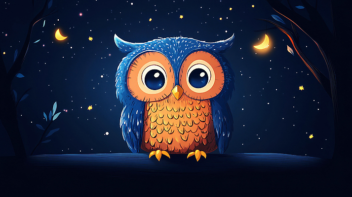 JPG 별 동물캐릭터 일러스트 자연 밤하늘 나뭇잎 풍경 사람없음 고요 나뭇가지 야간 초승달 올빼미 국내일러스트 일러캐릭터 AI일러스트 AI콘텐츠 자연요소 나무 동물 캐릭터 잎 조류 하늘 달 생태계 파일형식