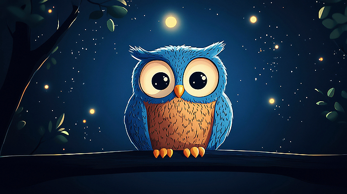 JPG 별 동물캐릭터 일러스트 자연 밤하늘 나뭇잎 풍경 사람없음 고요 달 나뭇가지 야간 올빼미 국내일러스트 일러캐릭터 AI일러스트 AI콘텐츠 자연요소 나무 동물 캐릭터 잎 조류 하늘 생태계 파일형식