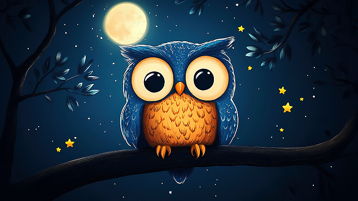 JPG 별 동물캐릭터 일러스트 자연 밤하늘 나뭇잎 풍경 사람없음 고요 달 나뭇가지 야간 올빼미 국내일러스트 일러캐릭터 AI일러스트 AI콘텐츠 자연요소 나무 동물 캐릭터 잎 조류 하늘 생태계 파일형식