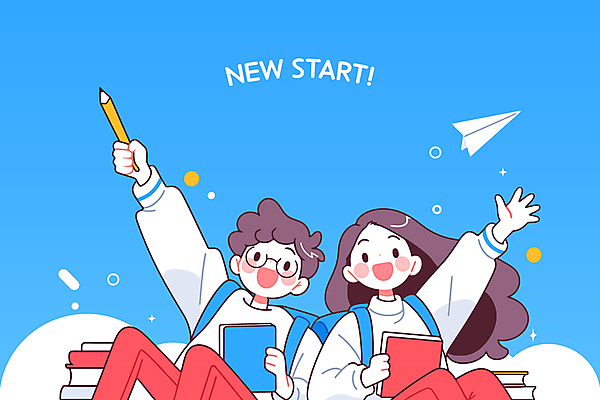 학생 여자 남자 교복 가방 일러스트 청소년 하늘 새출발 미소 웃음 들기 두명 책 파란색 필기구 손들기 꿈 에너지 종이비행기 열정 활기 십대만 국내일러스트 AI파일 잡화 옷 감정 컬러 컨셉 모션 문구용품 새로움 표정 사람 출발 종이접기 파일형식 벡터