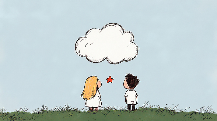 JPG 전신 구름 여자 남자 별 어린이 일러스트 하늘 동화 소녀 소년 잔디 두명 파란색 평화 꿈 만남 감성 어린이만 국내일러스트 AI일러스트 AI콘텐츠 자연요소 식물 컬러 컨셉 사람 파일형식