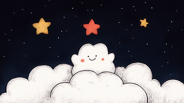 JPG 구름 별 일러스트 밤하늘 하늘 동화 미소 사람없음 평화 검은색 꿈 감성 국내일러스트 AI일러스트 AI콘텐츠 자연요소 컬러 컨셉 표정 야간 파일형식