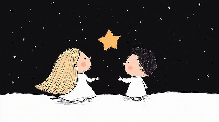 JPG 전신 여자 남자 별 어린이 일러스트 밤하늘 동화 소녀 소년 두명 평화 손잡기 검은색 꿈 감성 어린이만 국내일러스트 AI일러스트 AI콘텐츠 자연요소 컬러 컨셉 모션 하늘 사람 야간 파일형식