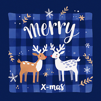 JPG 잎 크리스마스 두마리 겨울 일러스트 눈꽃 사람없음 파란색 루돌프 눈송이 체크무늬 순록 홀리데이 국내일러스트 AI일러스트 AI콘텐츠 식물 계절 기념일 컬러 2 무늬 휴가 사슴 눈_날씨 파일형식