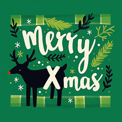 JPG 한마리 잎 크리스마스 겨울 일러스트 눈꽃 사람없음 초록색 루돌프 체크무늬 순록 홀리데이 국내일러스트 AI일러스트 AI콘텐츠 식물 1 계절 기념일 컬러 무늬 휴가 사슴 눈_날씨 파일형식