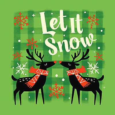 JPG 크리스마스 두마리 겨울 일러스트 눈꽃 사람없음 초록색 목도리 루돌프 눈송이 체크무늬 순록 홀리데이 국내일러스트 AI일러스트 AI콘텐츠 잡화 계절 기념일 컬러 2 무늬 휴가 사슴 눈_날씨 파일형식