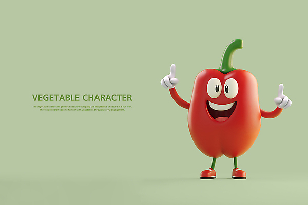 PSD 편집이미지 피망 파프리카 3D캐릭터 미소 웃음 사람없음 빨간색 연두색 손들기 귀여움 만세 가리킴 채소캐릭터 피망캐릭터 편집3D 캐릭터 컬러 컨셉 채소 모션 표정 손짓 초록색 3D 파일형식