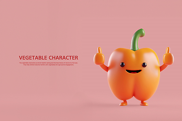 PSD 편집이미지 분홍색 피망 파프리카 3D캐릭터 미소 웃음 사람없음 손들기 귀여움 주황색 만세 최고 채소캐릭터 피망캐릭터 편집3D 캐릭터 컬러 컨셉 채소 모션 표정 3D 파일형식
