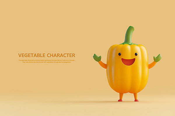 PSD 편집이미지 피망 파프리카 3D캐릭터 미소 웃음 사람없음 노란색 손들기 귀여움 만세 환영 채소캐릭터 피망캐릭터 편집3D 캐릭터 컬러 컨셉 채소 모션 표정 3D 파일형식