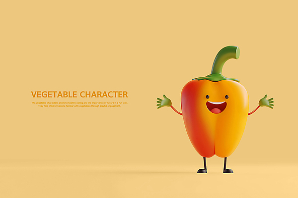 PSD 편집이미지 피망 파프리카 3D캐릭터 미소 웃음 사람없음 손들기 귀여움 주황색 만세 환영 채소캐릭터 피망캐릭터 편집3D 캐릭터 컬러 컨셉 채소 모션 표정 3D 파일형식