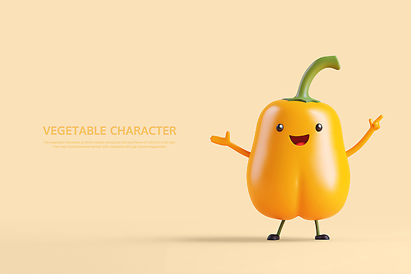 PSD 편집이미지 피망 파프리카 3D캐릭터 미소 웃음 사람없음 노란색 손들기 귀여움 만세 가리킴 채소캐릭터 피망캐릭터 편집3D 캐릭터 컬러 컨셉 채소 모션 표정 손짓 3D 파일형식