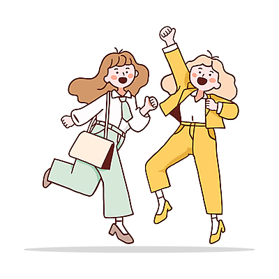 전신 여자 인물캐릭터 가방 일러스트 성인 두명 노란색 손들기 점프 기쁨 직장인 동료 즐거움 활기 오피스룩 성인여자만 일러캐릭터 AI파일 직업 캐릭터 잡화 옷 감정 컬러 컨셉 비즈니스 관계 모션 사람 여자만 성인만 파일형식 벡터