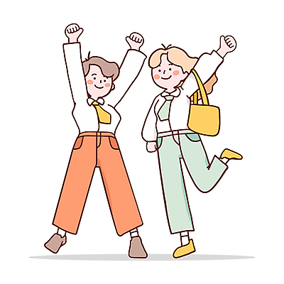전신 여자 인물캐릭터 가방 일러스트 미소 성인 두명 파이팅 기쁨 만세 직장인 동료 즐거움 활기 오피스룩 한발서기 성인여자만 일러캐릭터 AI파일 직업 캐릭터 잡화 옷 감정 컨셉 비즈니스 관계 모션 표정 서기 사람 여자만 성인만 파일형식 벡터