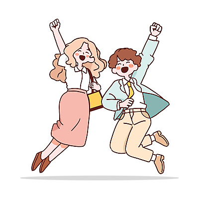 전신 여자 남자 인물캐릭터 가방 일러스트 성인 두명 손들기 점프 파이팅 기쁨 직장인 동료 즐거움 활기 오피스룩 성인만 일러캐릭터 AI파일 직업 캐릭터 잡화 옷 감정 컨셉 비즈니스 관계 모션 사람 파일형식 벡터