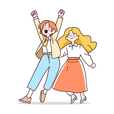 전신 여자 인물캐릭터 일러스트 응원 성인 두명 기쁨 만세 직장인 동료 즐거움 활기 오피스룩 성인여자만 일러캐릭터 AI파일 직업 캐릭터 옷 감정 컨셉 비즈니스 관계 모션 사람 여자만 성인만 파일형식 벡터