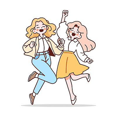 전신 여자 인물캐릭터 일러스트 성인 두명 노란색 손들기 점프 기쁨 직장인 동료 즐거움 활기 오피스룩 성인여자만 일러캐릭터 AI파일 직업 캐릭터 옷 감정 컬러 컨셉 비즈니스 관계 모션 사람 여자만 성인만 파일형식 벡터