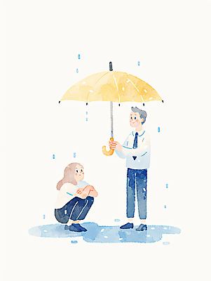 JPG 전신 여자 남자 일러스트 우산 수채화 따뜻함 사랑 서기 들기 앉기 성인 두명 비 웅덩이 위로 우울감 성인만 정신건강 정신상담 국내일러스트 AI일러스트 AI콘텐츠 자연요소 감정 모션 날씨 건강 사람 치료 파일형식