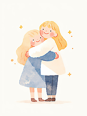 JPG 전신 여자 어린이 일러스트 포옹 수채화 따뜻함 사랑 소녀 두명 반짝임 눈물 위로 소녀만 정신건강 정신상담 국내일러스트 AI일러스트 AI콘텐츠 감정 안기 모션 건강 사람 치료 여자만 어린이만 파일형식