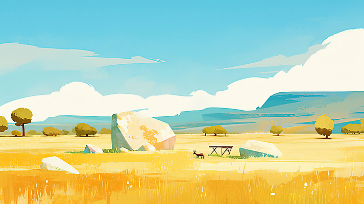 JPG 나무 동물 구름 하늘색 일러스트 자연 하늘 사슴 산 풍경 잔디 초원 사람없음 노란색 평화 바위 몽골 국내일러스트 AI일러스트 AI콘텐츠 자연요소 식물 아시아 컬러 컨셉 포유류 파란색 돌_바위 생태계 파일형식