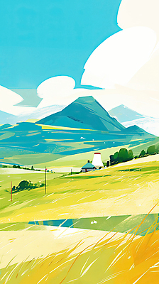 JPG 나무 구름 하늘색 일러스트 자연 하늘 산 풍경 잔디 초원 사람없음 연두색 평화 풀 몽골 게르 국내일러스트 AI일러스트 AI콘텐츠 자연요소 식물 전통 아시아 컨셉 초록색 파란색 생태계 파일형식