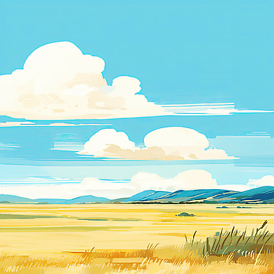 JPG 나무 구름 하늘색 일러스트 자연 하늘 산 풍경 잔디 초원 사람없음 노란색 평화 풀 몽골 국내일러스트 AI일러스트 AI콘텐츠 자연요소 식물 아시아 컬러 컨셉 파란색 생태계 파일형식