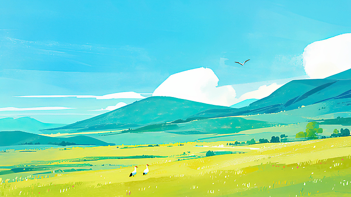 JPG 나무 구름 하늘색 일러스트 자연 조류 하늘 산 풍경 잔디 초원 사람없음 연두색 평화 몽골 국내일러스트 AI일러스트 AI콘텐츠 자연요소 식물 동물 아시아 컨셉 초록색 파란색 생태계 파일형식