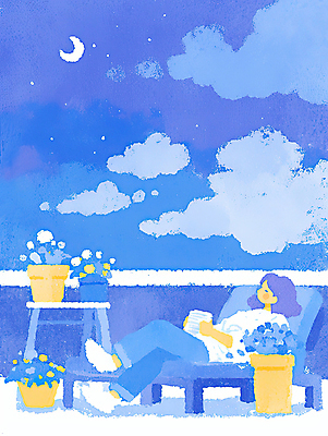 JPG 전신 구름 여자 꽃 화분 의자 일러스트 난간 탁자 밤하늘 휴식 한명 사람 앉기 성인 파란색 새벽 다리꼬기 초승달 감성 몽환 성인여자한명만 국내일러스트 AI일러스트 AI콘텐츠 자연요소 식물 1 컬러 가구 컨셉 모션 하늘 달 야간 여자한명만 성인여자만 파일형식