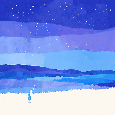 JPG 전신 실루엣 어린이 겨울 일러스트 밤하늘 산 한명 사람 잔디 초원 파란색 새벽 수증기 감성 몽환 국내일러스트 AI일러스트 AI콘텐츠 자연요소 식물 1 계절 컬러 컨셉 하늘 촬영기법 야간 파일형식