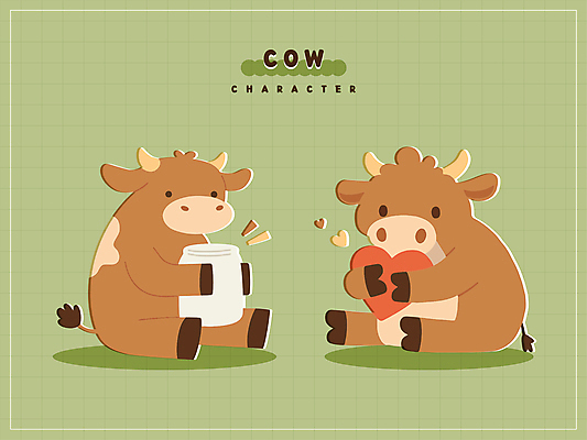 캐릭터 스티커 두마리 일러스트 안기 유리병 들기 앉기 사람없음 초록색 갈색 귀여움 우유 하트 병 소캐릭터 우유통 일러캐릭터 AI파일 모양 식기 컬러 동물캐릭터 컨셉 2 모션 병_용기 유제품 소 파일형식 벡터