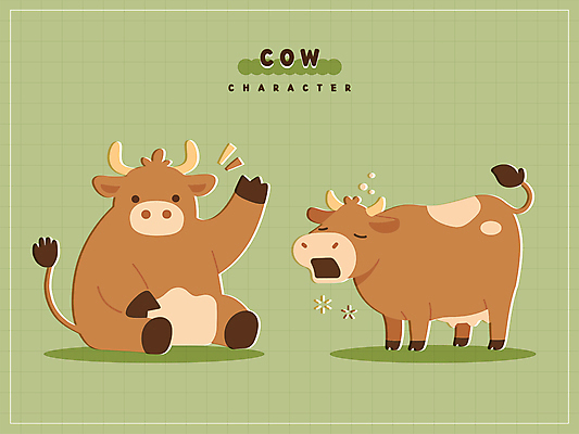 캐릭터 스티커 두마리 일러스트 앉기 사람없음 초록색 갈색 귀여움 졸음 손인사 하품 소캐릭터 발견 일러캐릭터 AI파일 감정 컬러 동물캐릭터 컨셉 2 모션 인사 소 생리현상 파일형식 벡터