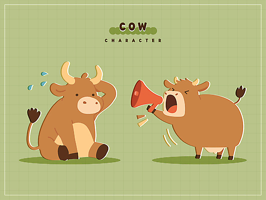 캐릭터 스티커 두마리 일러스트 들기 앉기 사람없음 초록색 갈색 귀여움 확성기 외침 땀 소캐릭터 당황 머리긁기 일러캐릭터 AI파일 감정 컬러 동물캐릭터 컨셉 2 모션 소리 소 파일형식 벡터 긁기