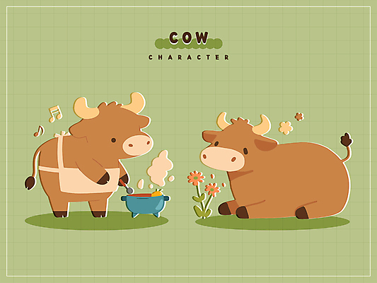 캐릭터 꽃 엎드리기 스티커 두마리 음표 일러스트 요리 사람없음 초록색 갈색 귀여움 앞치마 연기 냄비 소캐릭터 일러캐릭터 AI파일 식물 기호 음악 컬러 동물캐릭터 컨셉 2 모션 소 솥 파일형식 벡터