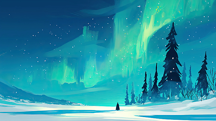 JPG 실루엣 설경 일러스트 자연 밤하늘 산 풍경 사람없음 파란색 설원 숲 신비 북극 침엽수 오로라 에메랄드색 국내일러스트 AI일러스트 AI콘텐츠 나무 컬러 컨셉 겨울 자연현상 하늘 눈_날씨 촬영기법 야간 극지방 생태계 파일형식