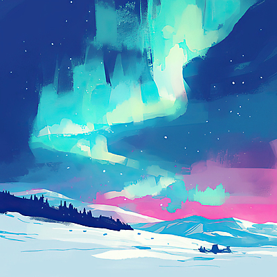 JPG 설경 일러스트 자연 하늘 풍경 사람없음 파란색 설원 숲 신비 북극 오로라 민트색 설산 국내일러스트 AI일러스트 AI콘텐츠 컬러 컨셉 겨울 자연현상 산 눈_날씨 극지방 생태계 파일형식