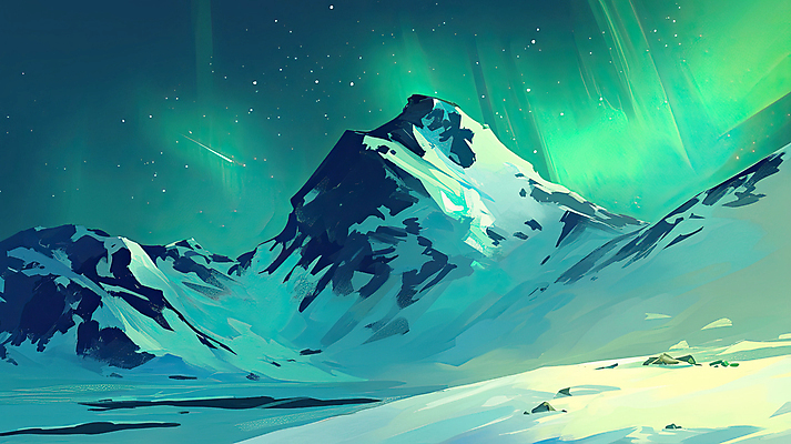 JPG 설경 일러스트 자연 하늘 풍경 사람없음 설원 유성 신비 북극 오로라 에메랄드색 설산 국내일러스트 AI일러스트 AI콘텐츠 컬러 컨셉 겨울 자연현상 산 눈_날씨 극지방 생태계 파일형식