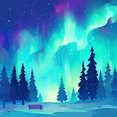 JPG 설경 벤치 일러스트 자연 밤하늘 풍경 사람없음 눈 숲 신비 침엽수 오로라 민트색 국내일러스트 AI일러스트 AI콘텐츠 자연요소 나무 컬러 컨셉 겨울 의자 자연현상 하늘 날씨 야간 생태계 파일형식