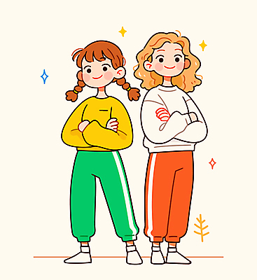 전신 여자 어린이 인물캐릭터 다이어트 일러스트 양갈래머리 미소 소녀 두명 캐주얼 친구 반짝임 팔짱 계획 소녀만 일러캐릭터 AI파일 캐릭터 헤어스타일 옷 컨셉 관계 모션 표정 건강 사람 여자만 어린이만 파일형식 벡터