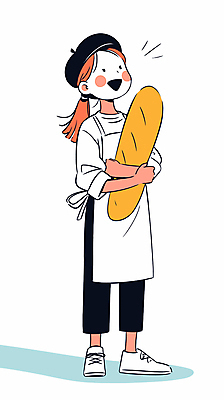 전신 여자 일러스트 안기 한명 미소 성인 앞치마 바게트 제빵 빵모자 제빵사 성인여자한명만 국내일러스트 AI파일 직업 모자_잡화 1 빵 모션 표정 사람 제과제빵 여자한명만 성인여자만 파일형식 벡터