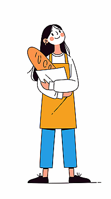 전신 여자 일러스트 안기 한명 미소 성인 앞치마 바게트 제빵 제빵사 성인여자한명만 국내일러스트 AI파일 직업 1 빵 모션 표정 사람 제과제빵 여자한명만 성인여자만 파일형식 벡터